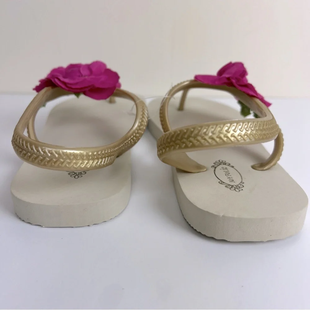 Joyfolie | Pink Flower Embellished Gold Cassia Sandal Fit Flop | Girls 3 / 4